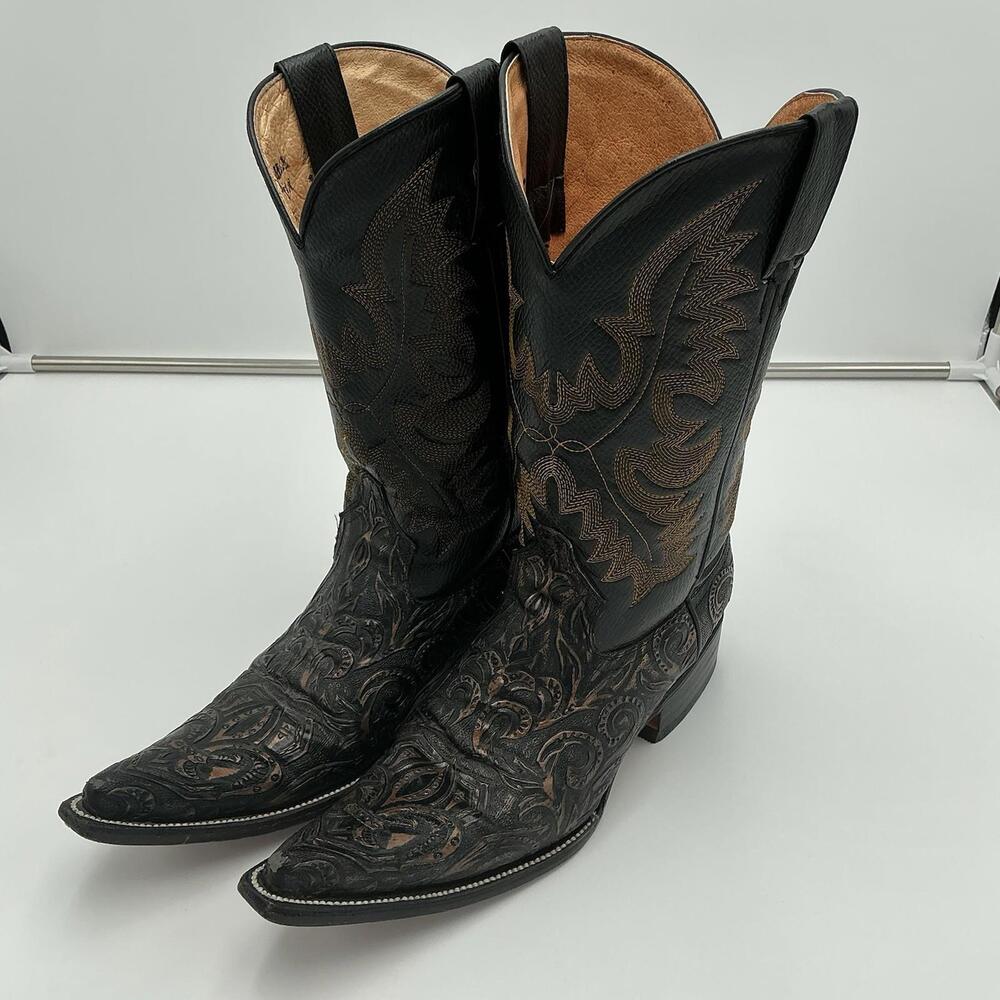 Max Western Cowboy Boots Embossed Design Rodeo Traditional Black Size 7 Men